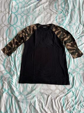 Zara Black Tee with Camo Raglan Sleeves